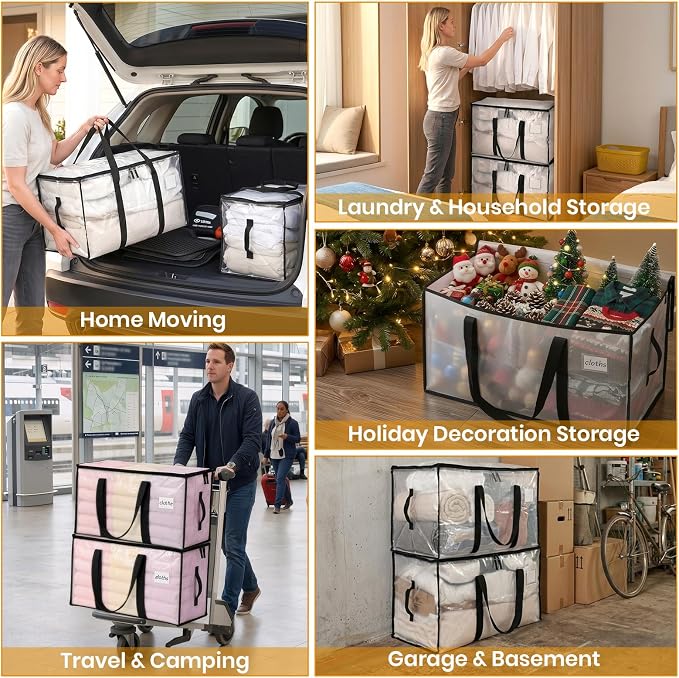 Velway Pack of 2 95 L Storage Bags, Heavy-Duty Christmas Warehouse, Transparent Moving Boxes, Large, Foldable, with Zip Handle, Waterproof Storage Bag for Moving Bedding, Clothing Storage