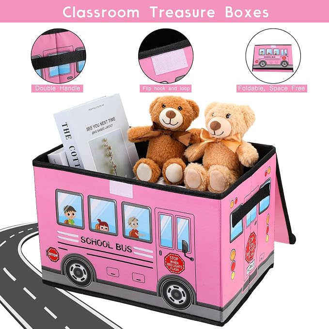 Sweetude 2 Pcs School Bus Treasure Box for Classroom, Foldable Chest Storage Toy Box Chest with Lid Treasure Storage Organizer Bin for Kids Teachers Toy Prizes Awards for Students(Yellow, Pink)