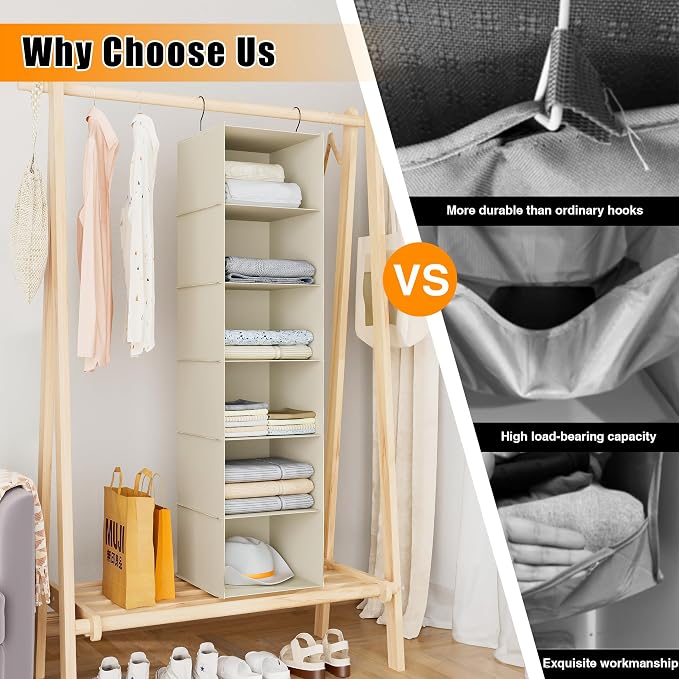 Hanging Closet Organizer 6-Shelf, Oxford Fabric Wardrobe Storage, Beige | Easy-mount foldable design holds clothes, handbags, shoes & accessories; washable Oxford fabric, sturdy and space-saving.
