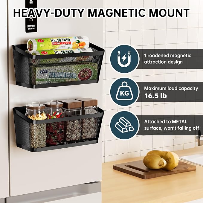 2Pcs Magnetic Spice Rack for Fridge Magnet Hanging Basket Holder for Seasonings Fruit Vegetables Coffee Beans Magnetic Organizer Shelf, Kitchen Refrigerator Organizers (Black - Extra Large)