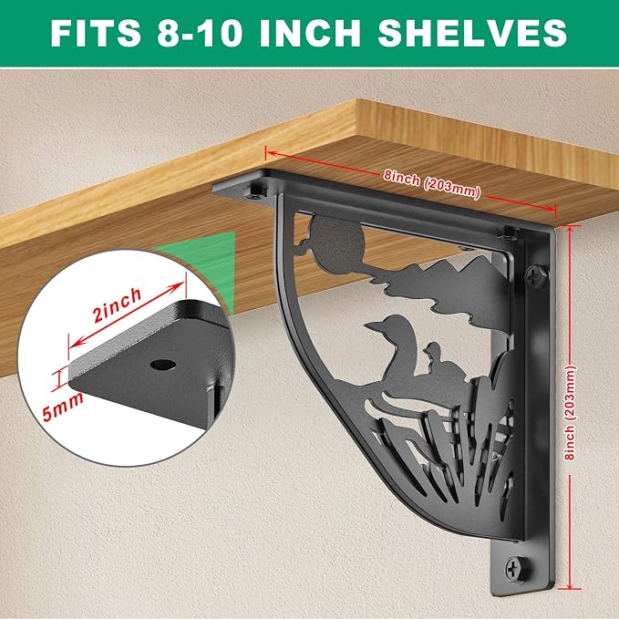 SELEWARE Black Heavy Duty Shelf Brackets, L 8" x H 8" x W 2" Wall Mount Decorative Shelving Brackets, 1/5" Thick Metal L Brackets with Mounting Hardware for DIY Floating Shelf (Duck, 2 Pack)