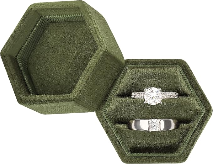 DesignSter Hexagon Velvet Ring Box - Premium Gorgeous Vintage Double Ring Display Holder with Detachable Lid for Proposal, Engagement, Wedding, Ceremony(Olive green)