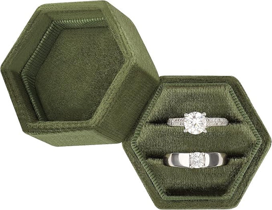 DesignSter Hexagon Velvet Ring Box - Premium Gorgeous Vintage Double Ring Display Holder with Detachable Lid for Proposal, Engagement, Wedding, Ceremony(Olive green)