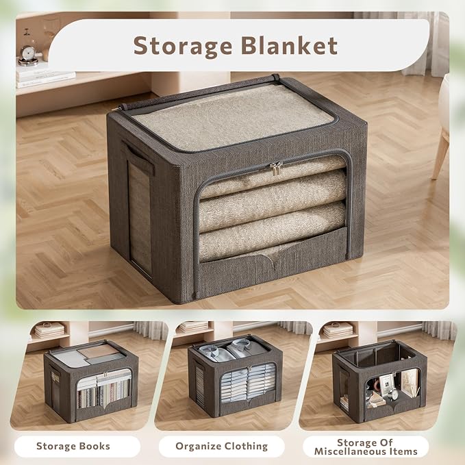 FHSQX 3 Pack Clothes Storage Bins with Metal Frame | Dark Gray, 15.7x11.8x11.8inch (36L) ,Foldable, Stackable Linen Fabric, Carrying Handles, Clear Window
