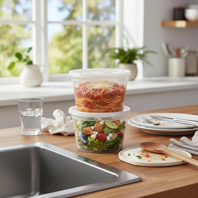 BluShine Deli Containers with Lids, Plastic Food Storage Containers | 16 oz, 32 sets Plastic Deli Food Storage Containers with Airtight Leak Proof Lids, Reusable, Microwave and Freezer Safe
