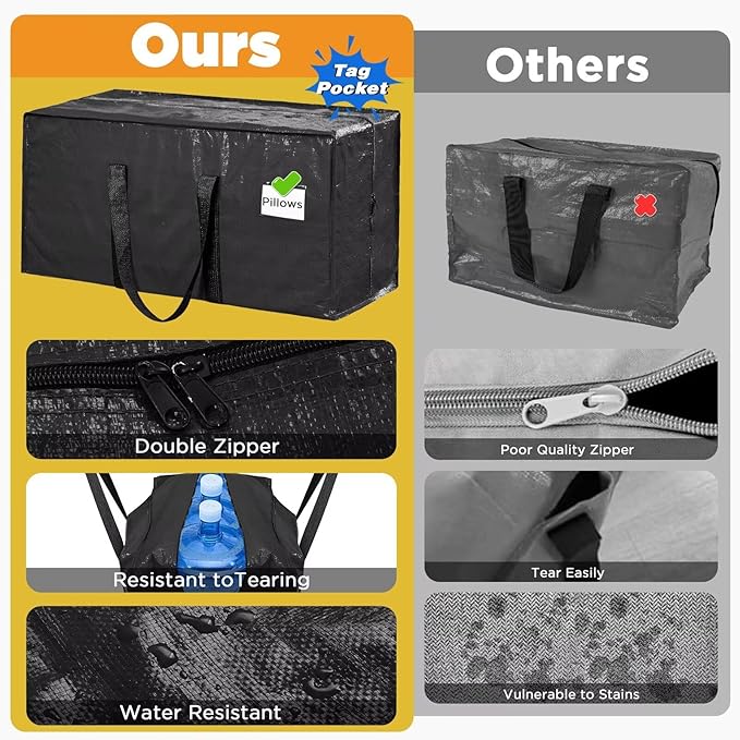 BETU 12 Pack Moving Bags Moving Storage College Dorm Camping Packing Travel PE Heavy Duty, Sturdy Handle, Zipper Large Storage Tote Bag Moving Boxes Box Alternative - Black 29L x 14W x 13H