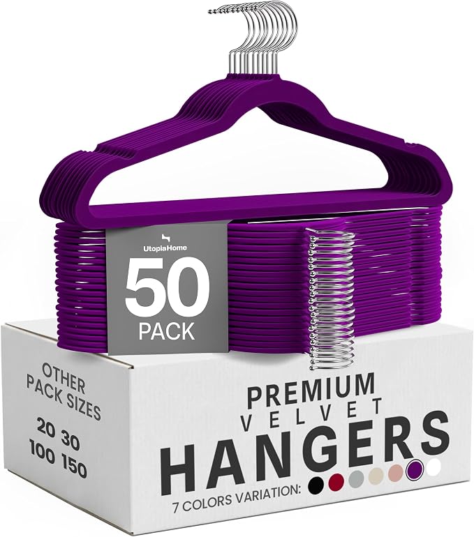 Utopia Home Velvet Hangers, Purple, 50 Pack | Luxury Non-Slip Slim Pant & Coat Hangers, Strong Space-Saving Clothes Hangers with Pants Bar and 360° Swivel Hook