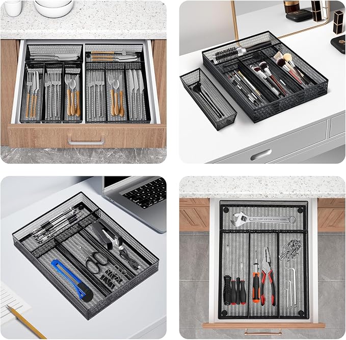 Neudeco Drawer Organizer Set, Black Mesh, 5 Pack | 4-Compartment Silverware Organizer Tray, 4 Utensil Trays, For Flatware, Cutlery, Office Supplies, Non-Slip