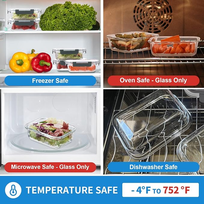 GULFLIN 12 Pack 22oz Glass Meal Prep Containers, Food Storage Containers with Lids, Air-Tight, Leak-Resistant, Freezer to Microwave Safe - Grey Set