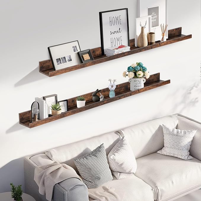 Muzilife 55" Large Floating Shelves Wood Wall Shelf with Lip, 2Pcs, Brown | FSC-Certified Wood | 20 lbs Capacity | Space-Saving | Hanging Shelf | Wall Decor| Bedroom,Living Room,Bathroom,Kitchen,Office