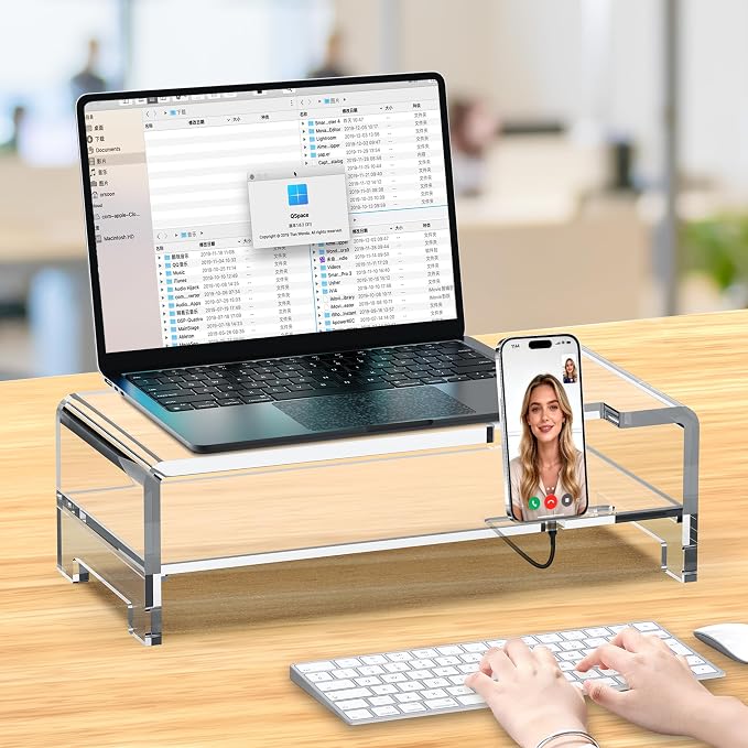 Acrylic Monitor Stand Riser L16''xW7.5''xH4.7'' 2-Tier Acrylic Laptop Stand Clear Computer Stand Laptop Riser with Storage Desk Organizer Accessories for Home and Office