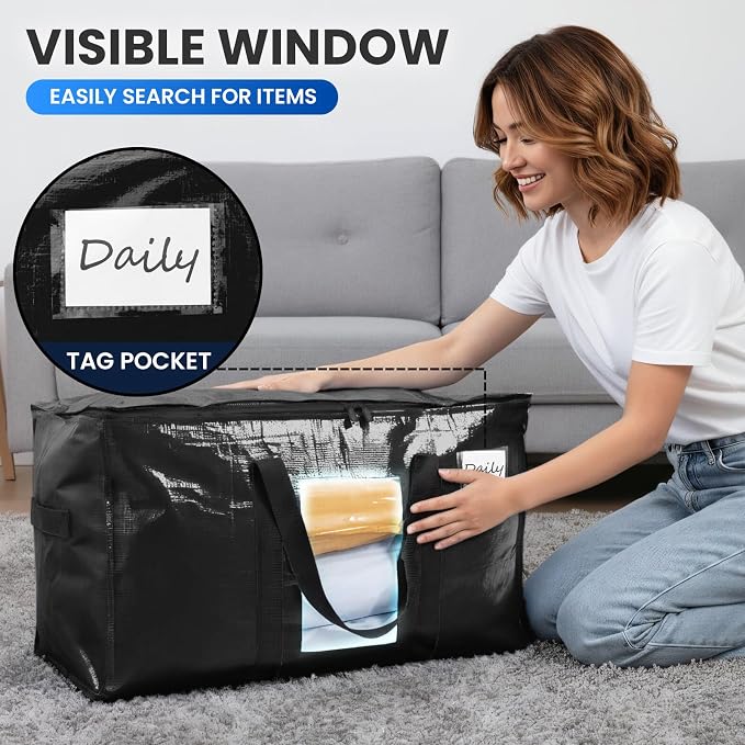 TAILI Extra Large Moving Bags, 4 Pack Black Heavy Duty Totes For Storage with Visible Window, Wrap Around Handles, Storage Bags for Space Saving, Alternative to Moving Boxes