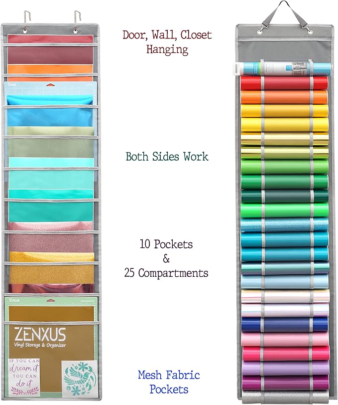 Hanging Vinyl Organizer, Double-Sided, ZENXUS 25 Compartments Roll Storage, Backside 10 Pockets for 12x12 Vinyl Sheet, Cardstock, Scrapbook Paper, Door Hooks Included