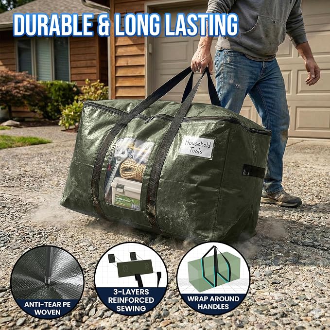 TAILI 2 Pack Green Extra Large Storage Bags, Heavy Duty Totes with Visible Window, Wrap Around Handles, Perfect for Moving