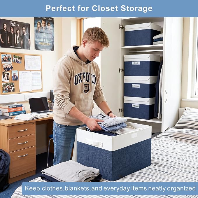 Large 17" 42 Quarts Collapsible Stackable Storage Bins with Lids [3-Pack] Foldable Fabric Linen Storage Boxes Cube, Closet Organizer Baskets with Label for Home (16.7 x 12 x 12", Navy Blue & White)
