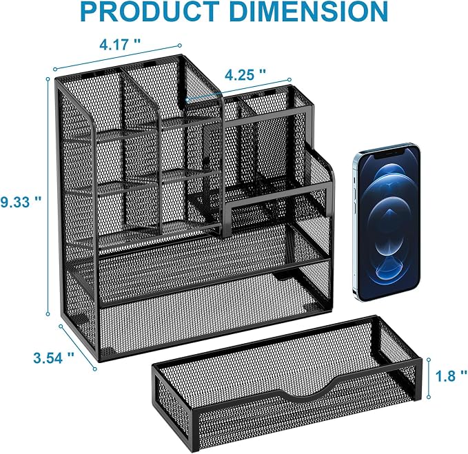 Marbrasse Mesh Pen Holder for Desk, Multi-Functional Pencil Organizer with Drawer, Desk Organizers and Accessories for Office Art Supplies (Black)