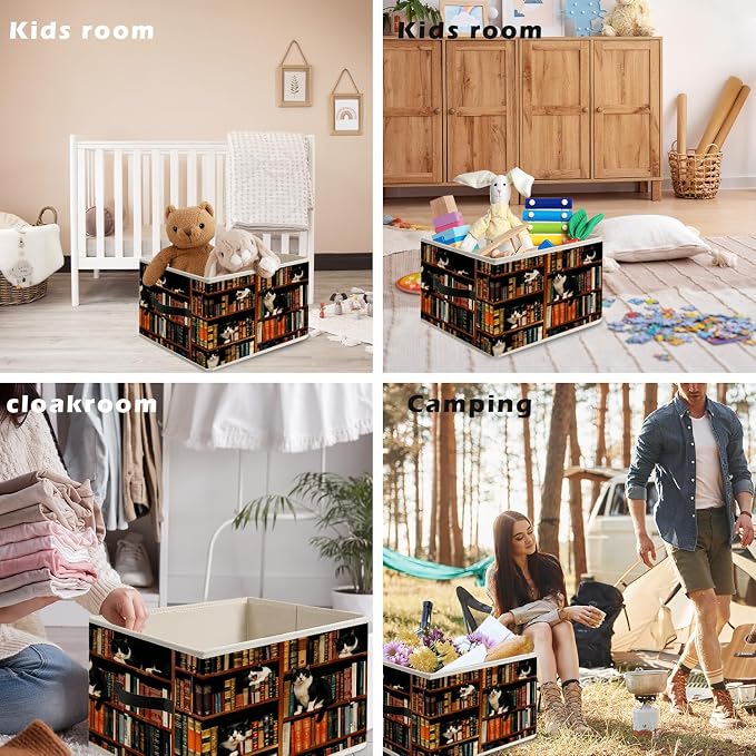 Vintage Tuxedo Cat Book Lovers Storage Bin Box with Handles, Retro Cat Bookish Foldable Organizer Basket Toybox for Reading Corner Room Library Bedroom Bathroom Home Clothes Toys Books
