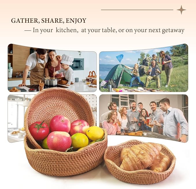 10" Medium Wave Rattan Wicker Bread Basket, Natural Fruit Basket for Kitchen Counter, Hand Woven Food Baskets, Artisanal Bread Baskets for Serving, Fruit, Vegetable, Snack, key, Etc.