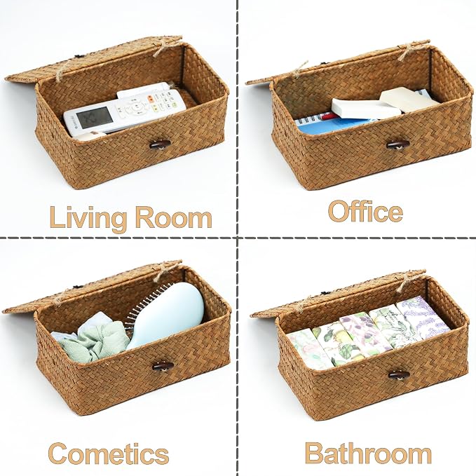 Wicker Storage Basket with Lid, Natural Seagrass Storage Baskets for Organizing, Rectangular Woven Basket for Storage, Decorative Boxes Bins with Lids Home Organizer Decor