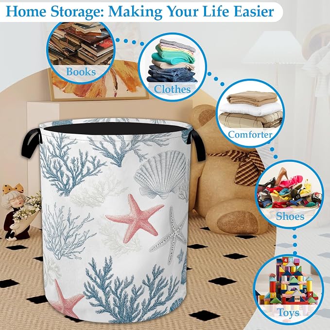 Seashell Starfish Ocean Laundry Basket Collapsible Laundry Hamper with Handle, Oxford Clothes Storage Bin for Bathroom Bedroom Room Decor 16" X 20.8"