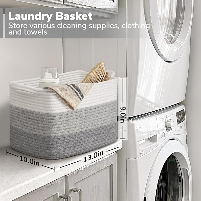 Goodpick Woven Storage Basket, Closet Storage Bins for Books, Towels, Cotton Rope Organizer with Handles, Square Toy Gift Basket for Kids, Gradient Gray, 13 x 10 x 9 Inches