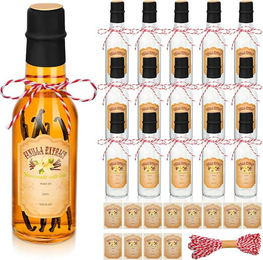 Tioncy 16 Pcs Empty Vanilla Extract Bottles for Homemade Vanilla Jar Glass Bottle with Cap, Shrink Band, Sticker DIY Crafts Wedding Gift Food Storage Canister for Bean(Black,5 oz)