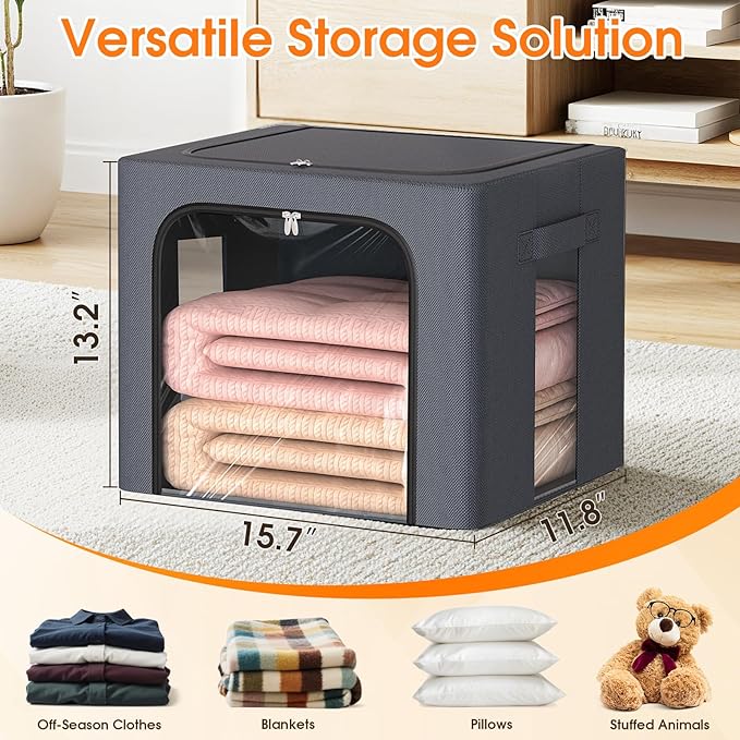8 Pack Clothes Storage Bins with Metal Frame,Stackable Organizer Bins with Handles for Closet & Bedroom(Light Grey)