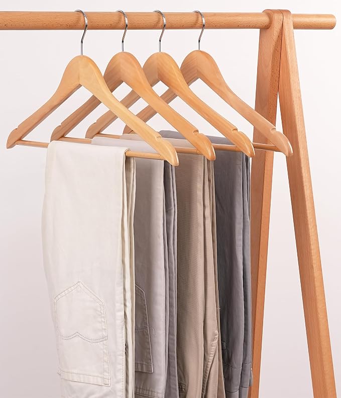 Wooden Hangers 30 Pack, Non-Slip Wood Hanger with 360°Swivel Hook & Notches, Durable & Slim Coat Hangers for Shirt, Suit, Jacket, Dress, Natural-HL01N3