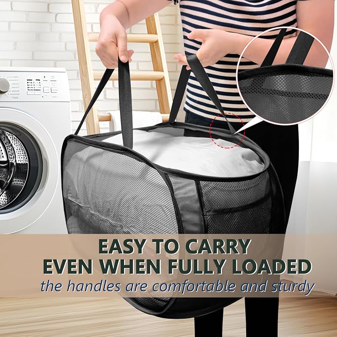 Pop Up Laundry Hamper,Collapsible Horizontal Baskets with Handles & Side Pocket,Foldable Sturdy mesh for Laundry Room,Bathroom,Kids Room,College Dorm or Travel (Black)