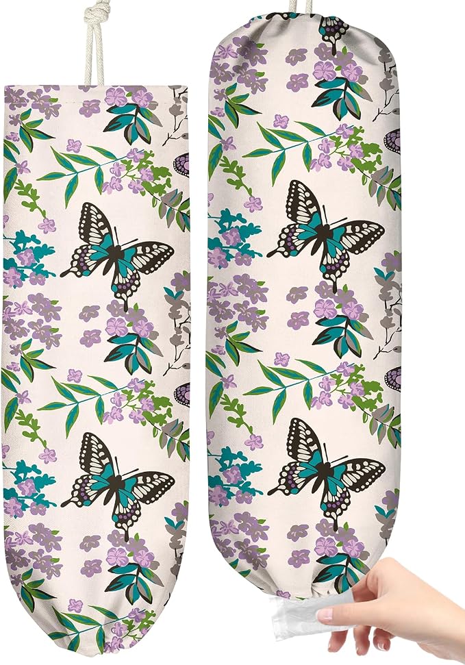 Plastic Bag Holder Organizer - 1 Pack Reusable Canvas Grocery Bags Holder Hanging Wall Cute Aesthetic Shopping Bag Storage Dispenser with Drawstring Closure for Kitchen Home, Butterfly