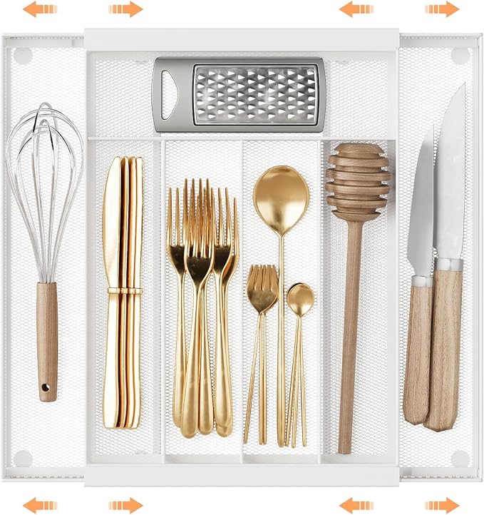 Sedegn Expandable Kitchen Utensil Organizer - 9.6" to 16.1" Adjustable Cutlery Tray with 5-7 Compartments - Fits Various Drawer Sizes & Holds Large Ladles Spatulas Forks Spoons & Knives White
