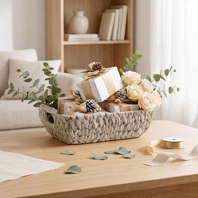 Storageworks Wicker Baskets for Shelves, Set of 2 Water Hyacinth Basket Organizer, Large Wicker Baskets for Storage, Decorative Storage Basket with Wooden Handles for Gifts, White