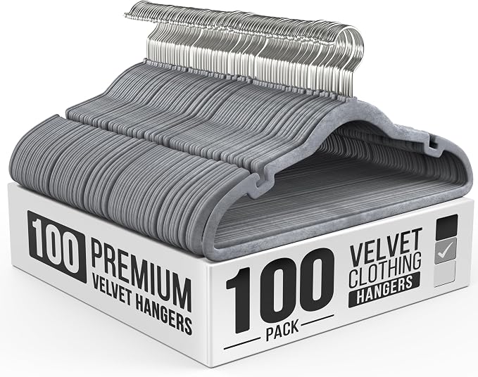Our Modern Space 100 Pack Velvet Hanger for Shirt Pants Dresses Skirts Suits Jackets - Slim Space Saving Design - Standard Coat Hanger - Sturdy & Durable Design with Shoulder Grooves Hook
