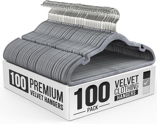 Our Modern Space 100 Pack Velvet Hanger for Shirt Pants Dresses Skirts Suits Jackets - Slim Space Saving Design - Standard Coat Hanger - Sturdy & Durable Design with Shoulder Grooves Hook