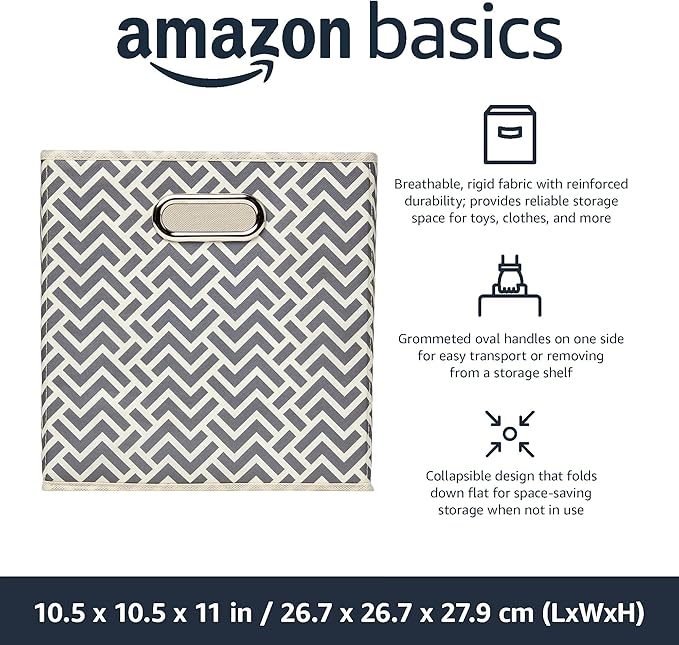 Amazon Basics Collapsible Storage Bins with Handle, Space-Saving, Breathable Cube Organizer, 10.5" x 10.5" x 11", Chevron Grey, 6-Pack