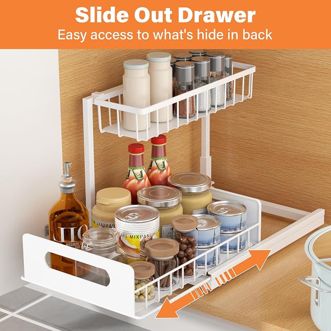 Under Sink Organizer 2 Tier, Pull Out Drawer Slides Under Sink Storage for Bathroom Kitchen,Multi-Purpose Drawer Under Cabinet Organizer for Cleaning Supplies (White, 1 Pack)