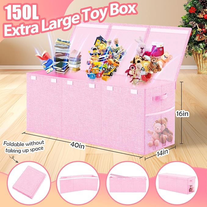 Extra Large Toy Storage Box with Lid Divider, Sturdy Collapsible Toys Organizer Chest Kids Storage Bins Boxes Baskets for Boys, Girls, Nursery, Bedroom, Living Room, Playroom, 40"x14"x16", Pink
