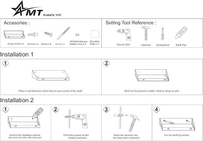 AMT 4 Pack Acrylic Floating Shelves, 15"L x 4.8"W, Clear Bathroom Wall Shelves, Bookshelves, Invisible Shelf For Office, Bedroom, Kitchen, Design with Hanging Slots for Sponge, Free Screws & Drill Bit