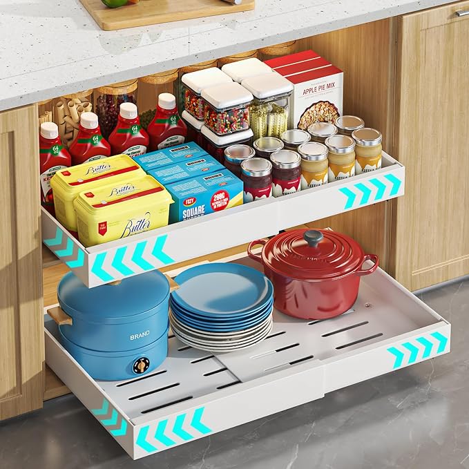 Pull Out Cabinet Organizer, 1PC 21" Deep Expandable (12.2"-20") Heavy Duty Pull Out Drawers for Cabinets Fixed with Adhesive Film, Peel Stick Slide Out Drawers for Kitchen Pantry, No Screw, White
