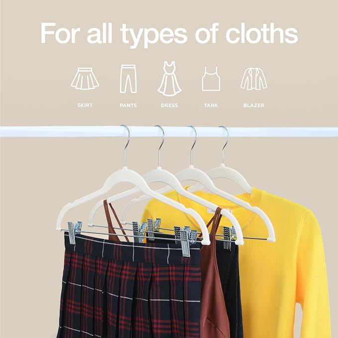 Home-it 10 Pack Velvet Hangers with Clips - Ivory Pants & Skirt Hangers - Ultra Thin No Slip Space-Saving for Pants, Skirts, Coats, Dresses, Tank Tops, Clothes