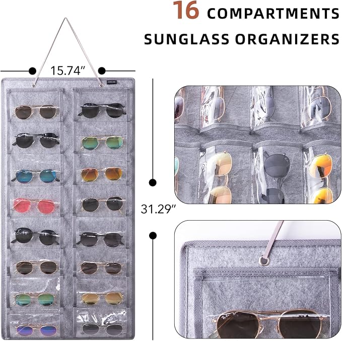 Sunglasses Organizer Storage - 16 Slots Glasses Storage Wall Pocket Display Hanging on Door, Eyewear Display, Dust-Proof