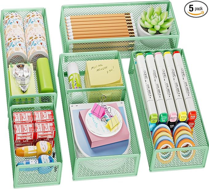 Marbrasse 5 Pack Desk Drawer Organizer Set, Mesh Drawer Storage Trays with 1 Adjustable Divider, Desk Organizers and Accessories, 5 PCS Drawer for Office Supplies, Makeup & Vanity (Green)