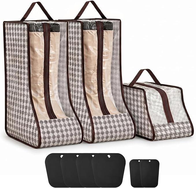 Boot Storage Bag Set for Tall Boots, 3 Pack (2 Tall + 1 Mid), with 6 Boot Shapers, Dustproof Clear Window Shoes Organizer for Closet Travel Cowboy