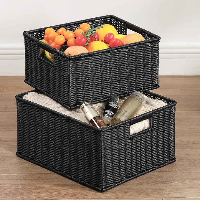 HOONEX Large Wicker Baskets for Storage, Plastic Baskets for Organizing with Dual Handles, Woven Baskets for Storage, Set of 2, (Black, 15 x 12.8 x 7.5 inches)