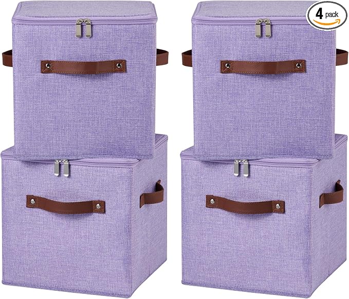4PCS Storage Cubes with Lid Fabric Storage Bins Boxes PU Leather Handles Cotton Linen Closet Organizer Container Decorative Foldable Washable Shelf Cloth Basket (Zipper Lid, Purple, 11in)