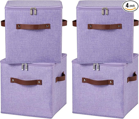 4PCS Storage Cubes with Lid Fabric Storage Bins Boxes PU Leather Handles Cotton Linen Closet Organizer Container Decorative Foldable Washable Shelf Cloth Basket (Zipper Lid, Purple, 11in)