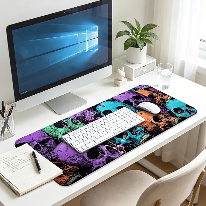 Scary Skull Gaming Desk Mat, Computer Keyboard Large Extended Cool Multi-Color Skull Mouse Pad for Office and Home, 31.5×11.8 Inches, XL