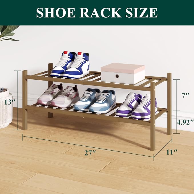Smiry Bamboo Shoe Rack for Closet, 2 Tier Wooden Shoe Organizer, Stackable Wood Shoe Storage Shelf for Entryway, 14 Vertical Slats, One-piece Heavy-Duty Legs, 26.77"x11.02"x12.99", Walnut