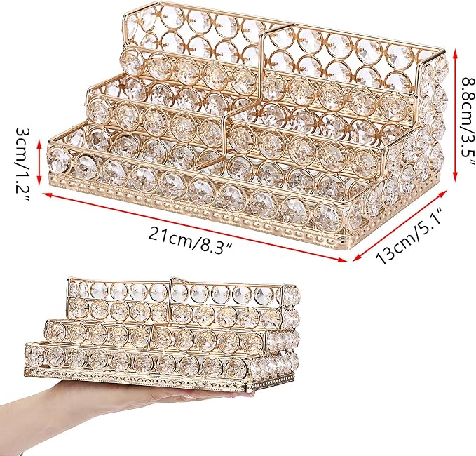 Hipiwe 3 Tiers Crystal Business Card Holder Gold Business Card Display Stand with 6 Slots Name Card Organizer for Office Exhibition Business