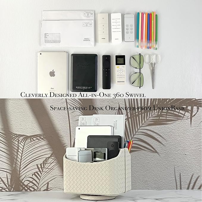 UnionBasic Rotating Desk Organizer, 360 Desk Spinning Caddy, Desktop TV Guide/Mail/Media/Remote Controller Holder Organizer, Woven Beige